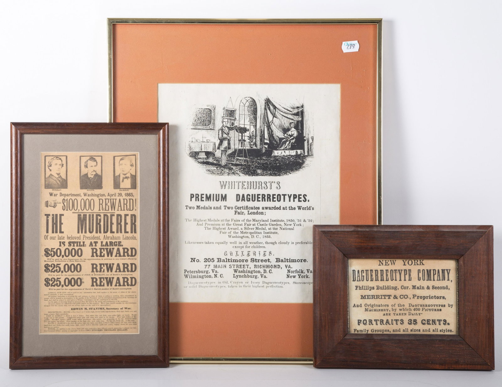 REPRINT BROADSIDES: All framed; (1) NY Daguuerreotype; (1) Booth broadside; (1) Whitehurst Daguerreotypes; normal wear; largest frame 20" x 16", G-VG