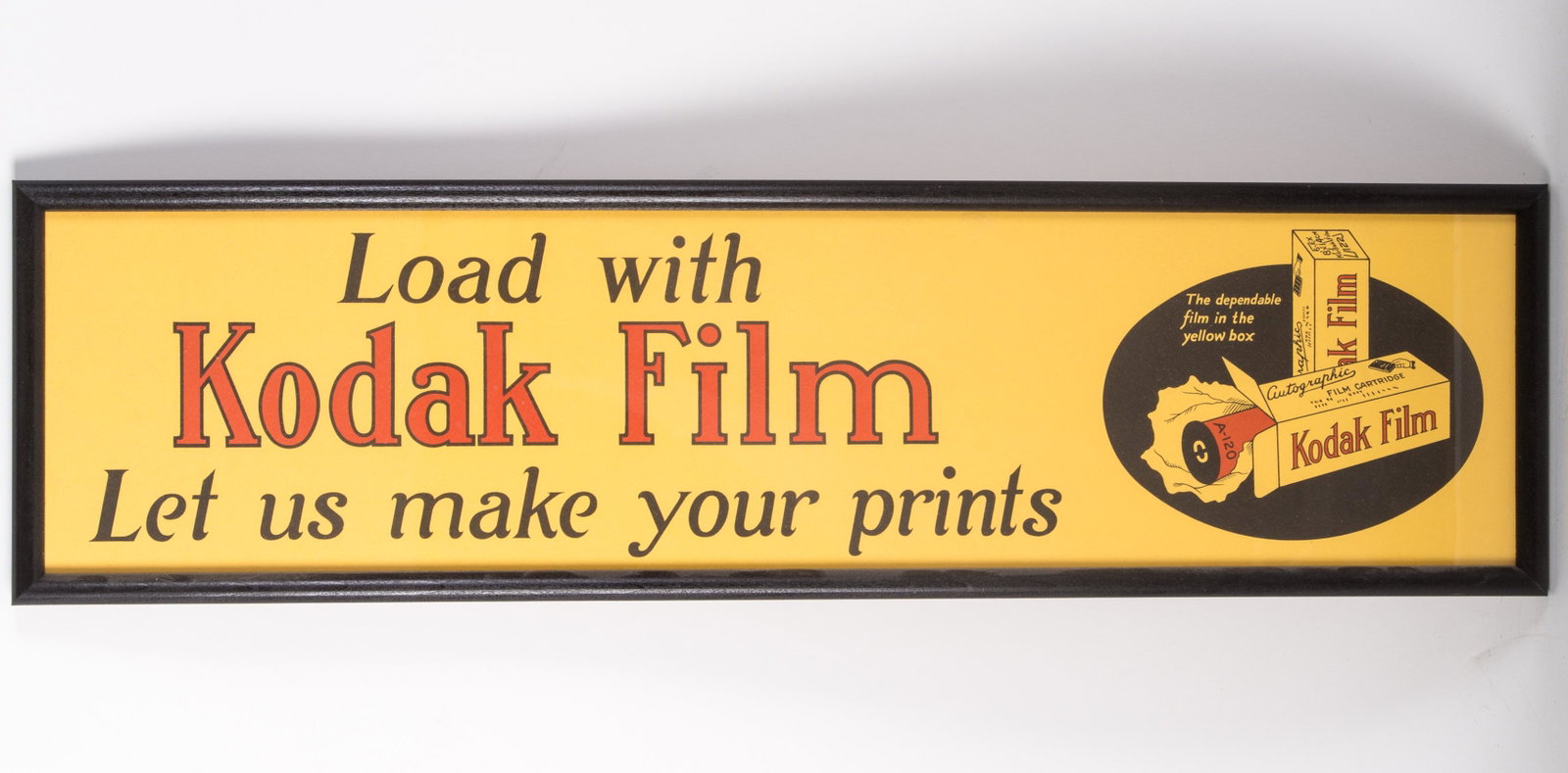 KODAK FILM ADVERTISEMENT STRIP SIGN: Framed size 6 1/2" x 24 1/2", EX-NM