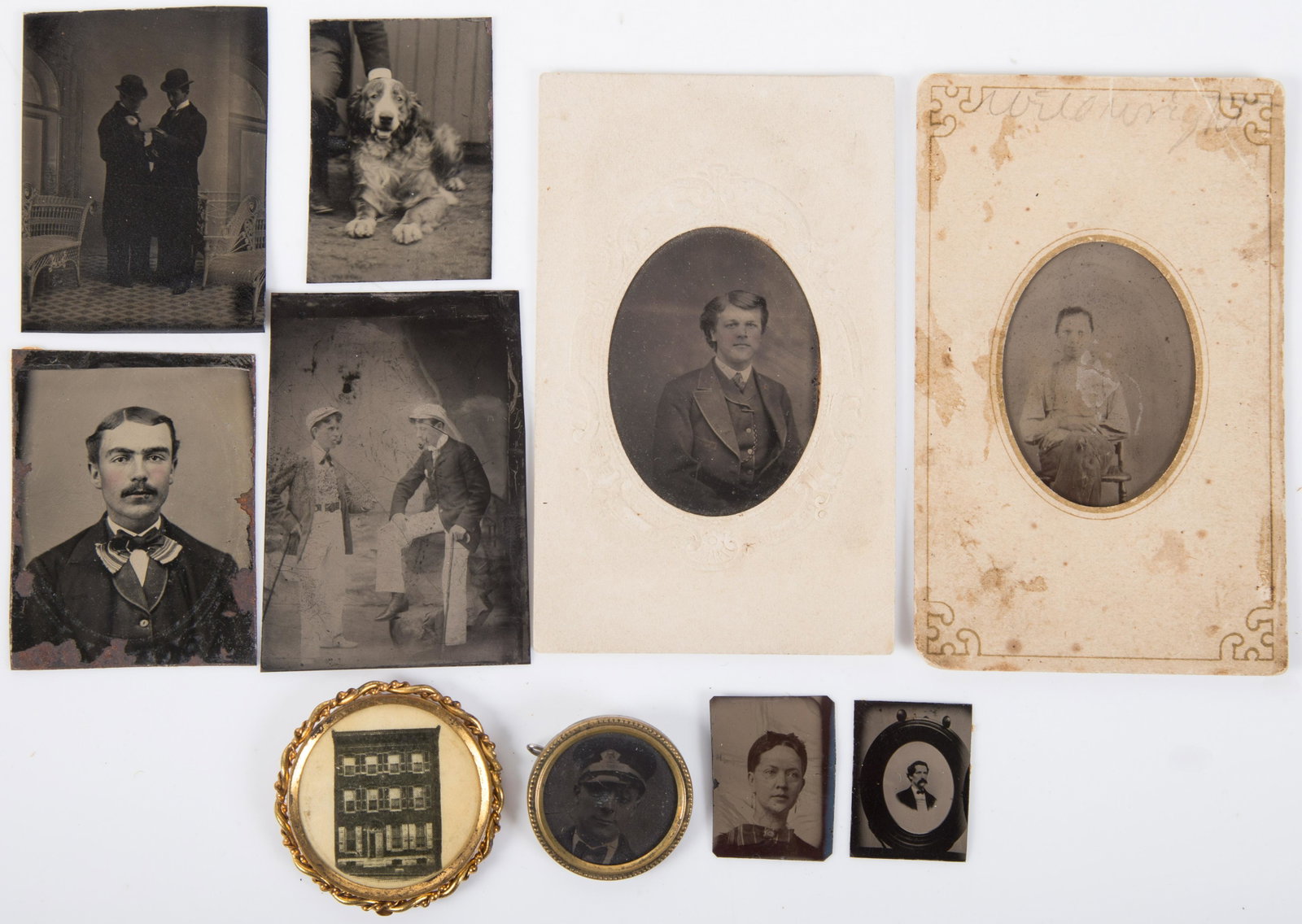 MINIATURE TINTYPES, BUTTON, PIN-BACK (9): (1) button for cab driver; (1) cocker spaniel; normal wear; H-1"-3", G-VG