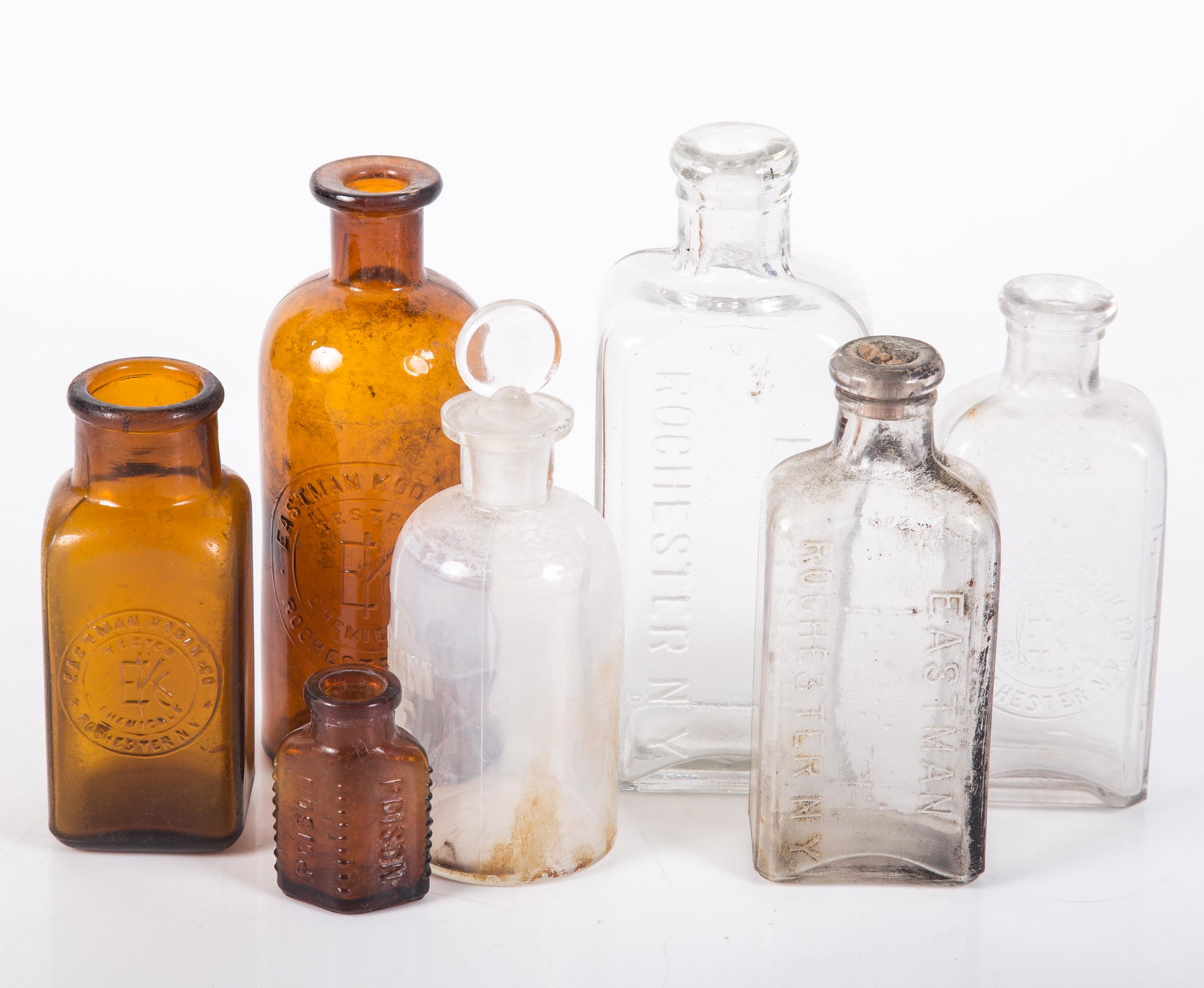 KODAK DEVELOPING BOTTLES, ETC (7): Brown and clear; (1) bottle has raised "Potassium Iodide K1", normal wear; tallest H-6", G-VG