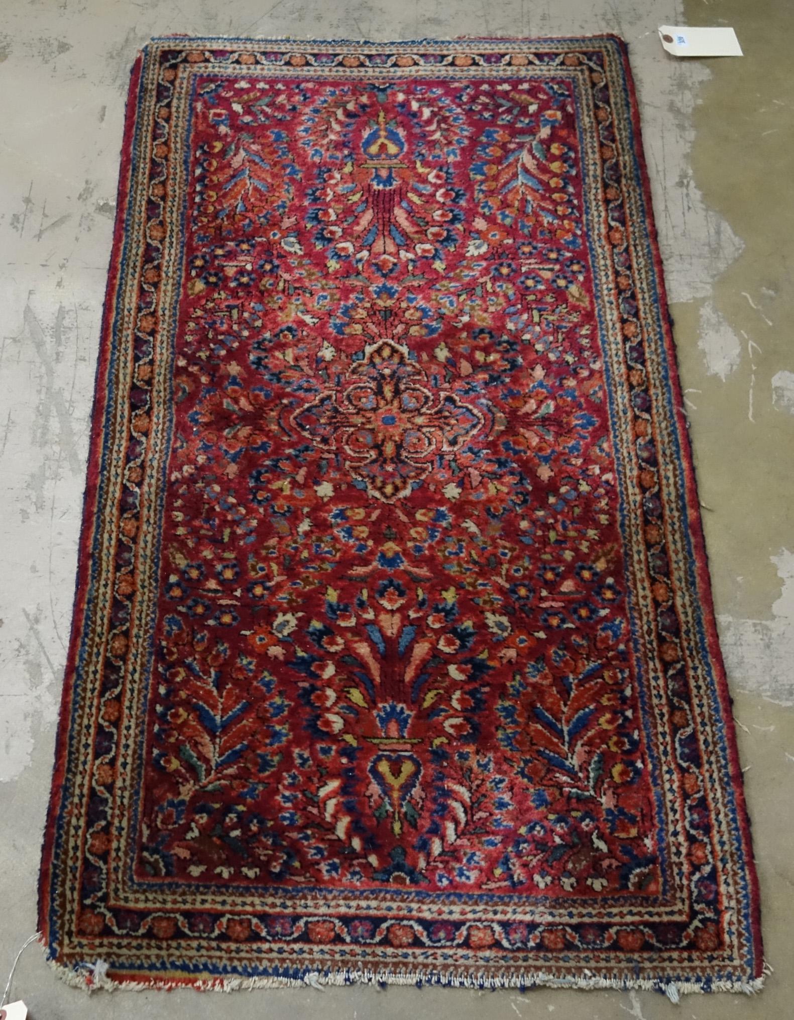SAROUK THROW RUG: Fringe loss; 48"x 25", VG