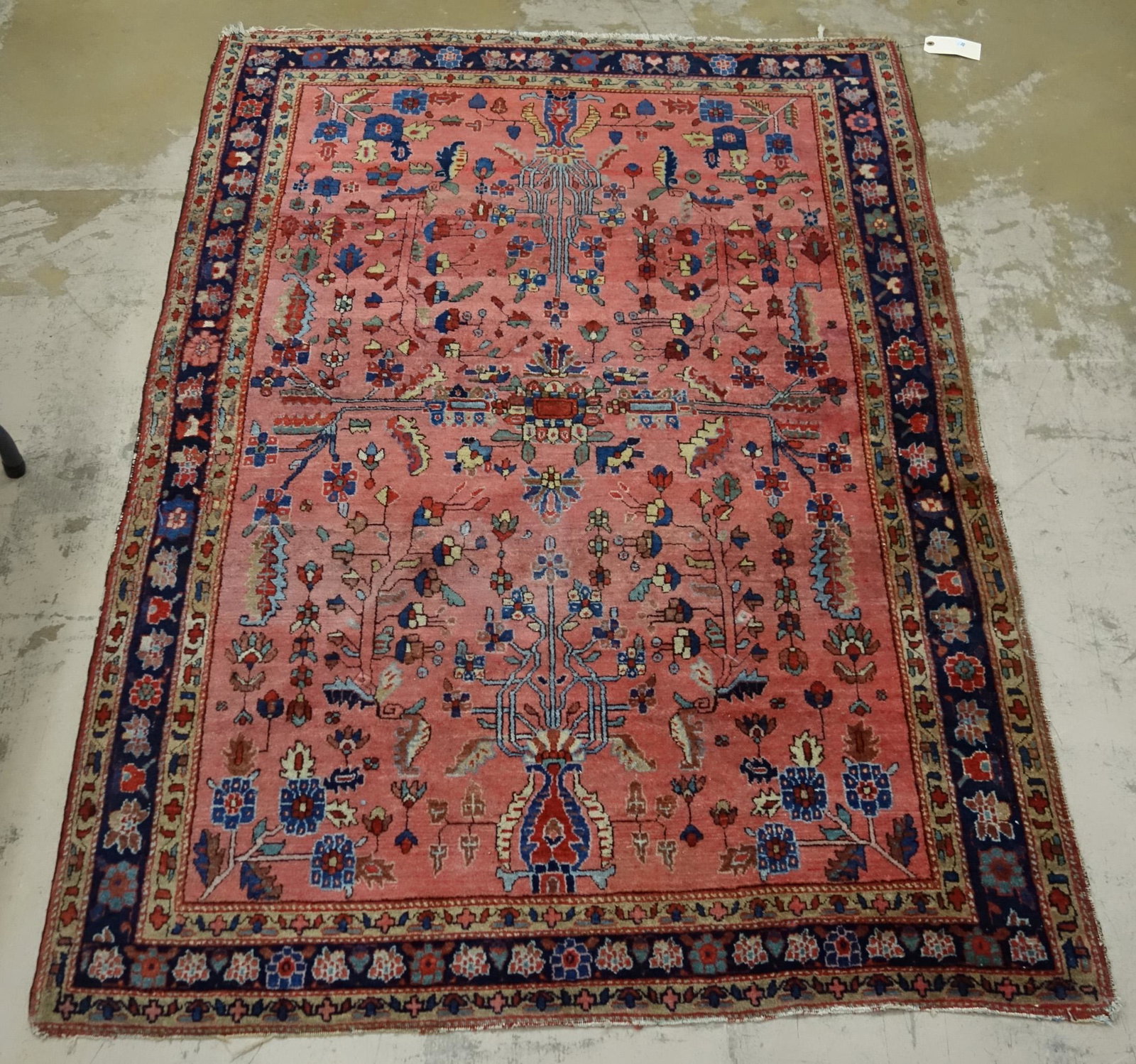 THROW RUG: Fringe loss, edge wear, loss to one corner; 76" x 52", G