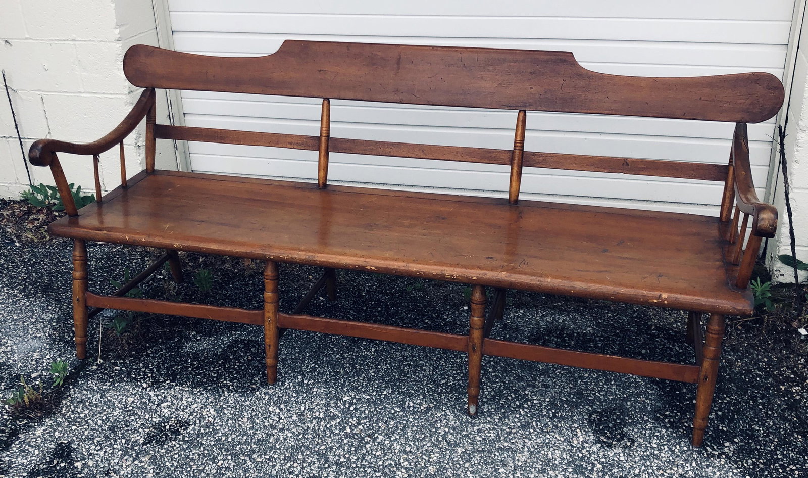 DEACONS BENCH: Mixed wood; eight leg; single board seat; scalloped crest rail; scrolled arms; old refinish; normal wear; H-35", L-78", G-VG