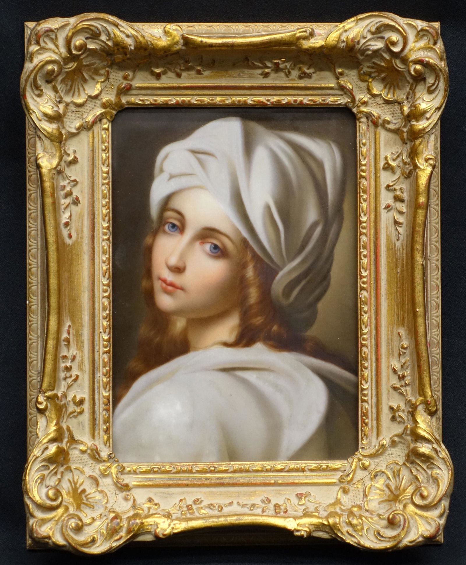 PORCELAIN PAINTED PLAQUE: Beatrice Cenci by Carlo Dolci Florence - paper label on reverse; framed; 6 1/2" x 4 1/2", VG-EX