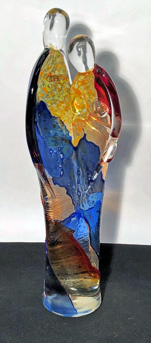 OGGETTI GLASS SCULPTURE: Man and woman, clear glass; figure with colorful interior and overlay exterior glass; "Boohi(s)him" on bottom; H-13 1/2", VG-EX