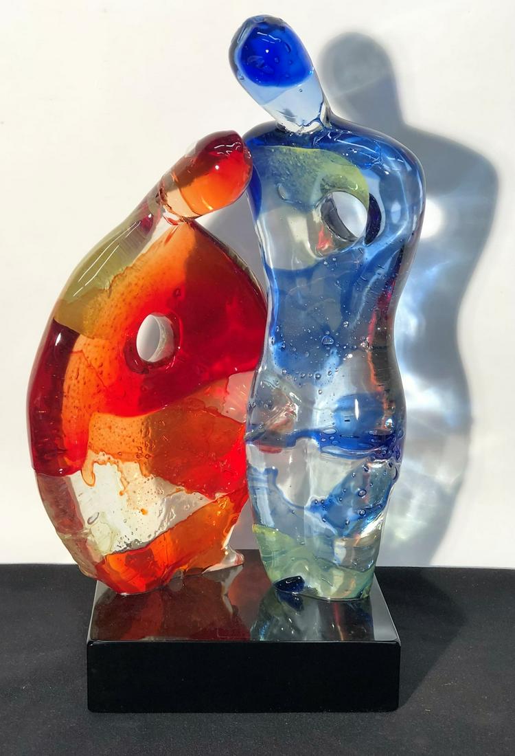 OGGETTI GLASS SCULPTURE: Man and woman; clear glass with colorful interior and overlay exterior glass; signed on bottom Badioli M.; H-16", VG-EX