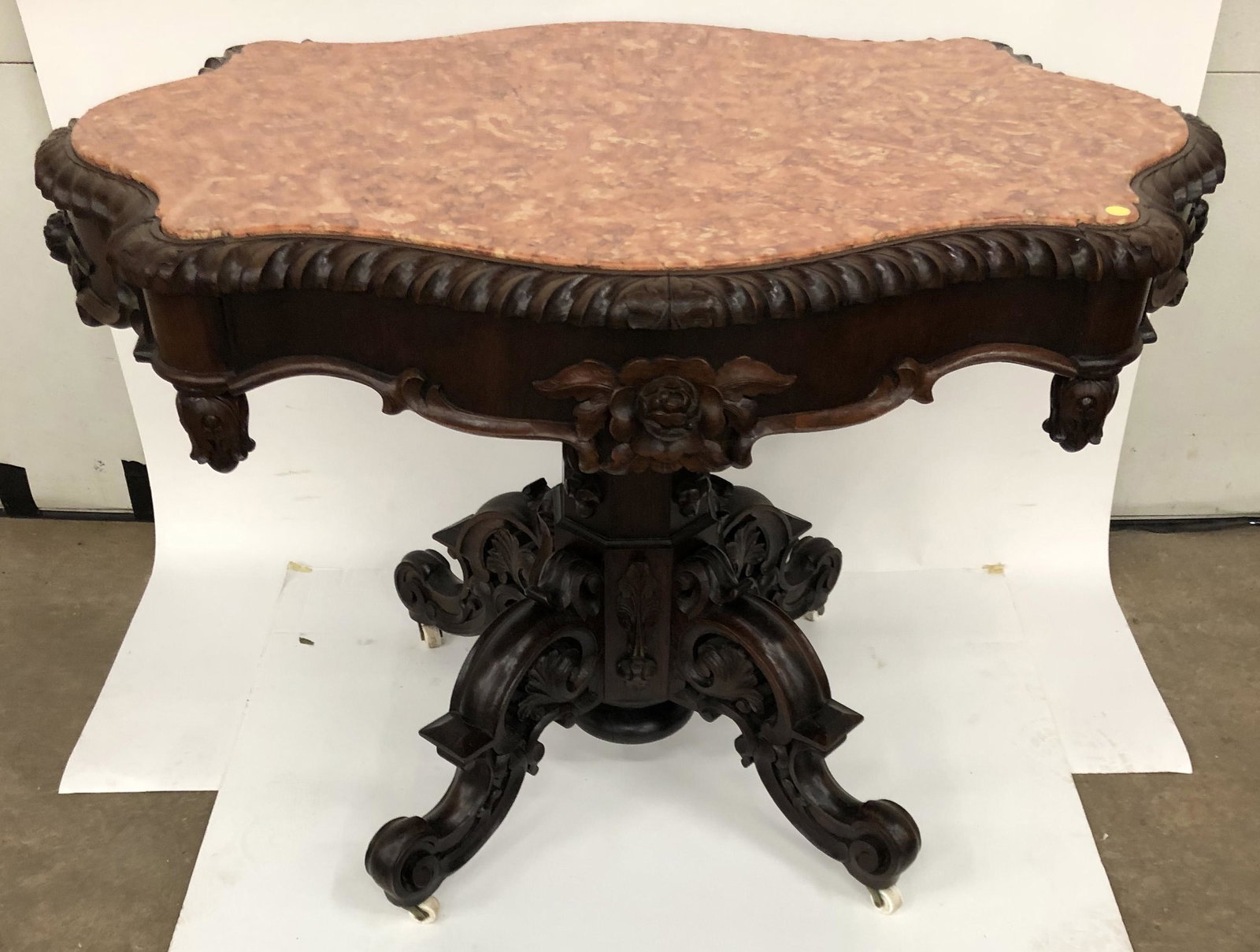 VICTORIAN ROSEWOOD CENTER TABLE: Rose marble shaped inset top; old refinish; H-29 1/2", L-38", G-VG