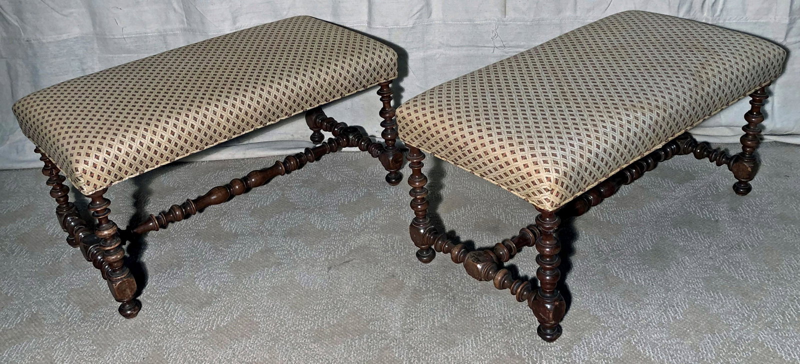 ANTIQUE PAIR WALNUT BENCHES: Upholstered seats; block and turned stretcher; normal wear; some repair and checking; H-16", F-G