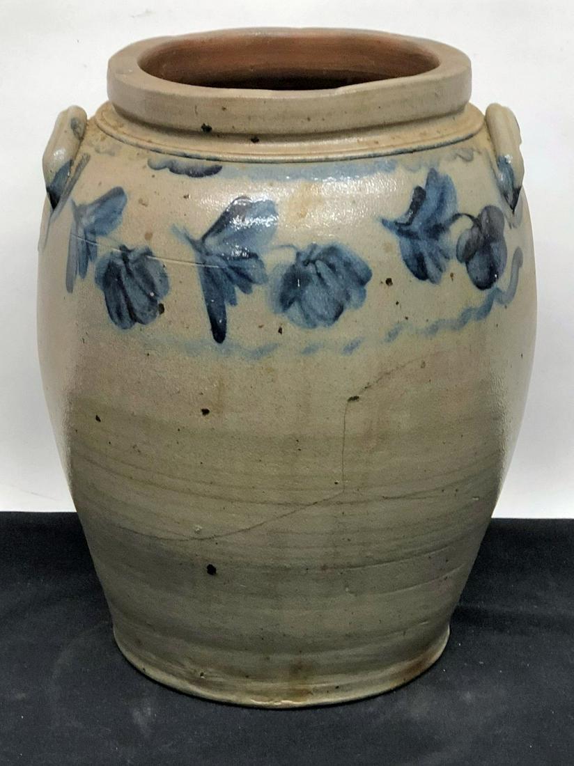 STONEWARE CROCK: Three gallon; blue decoration; applied handle; long hairline; small chip on one handle; H-13", F-G