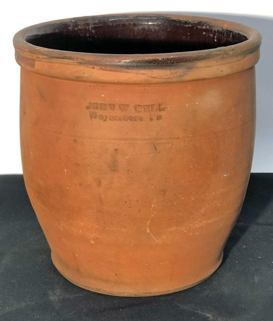 JOHN BELL REDWARE CROCK: John W. Bell; Waynesboro, PA; small lip chip on reverse; H-8 1/2", G