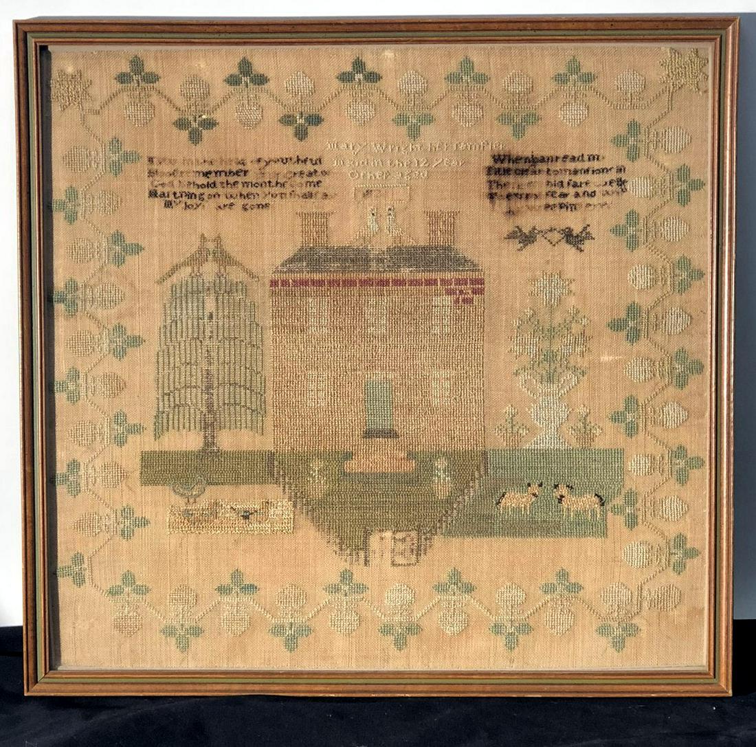 SAMPLER WITH VERSE: House, willow trees, animals birds; Mary Wright age 12; framed; letters fading and losses; minor holes; 16 3/4" x 17 1/2", F-G