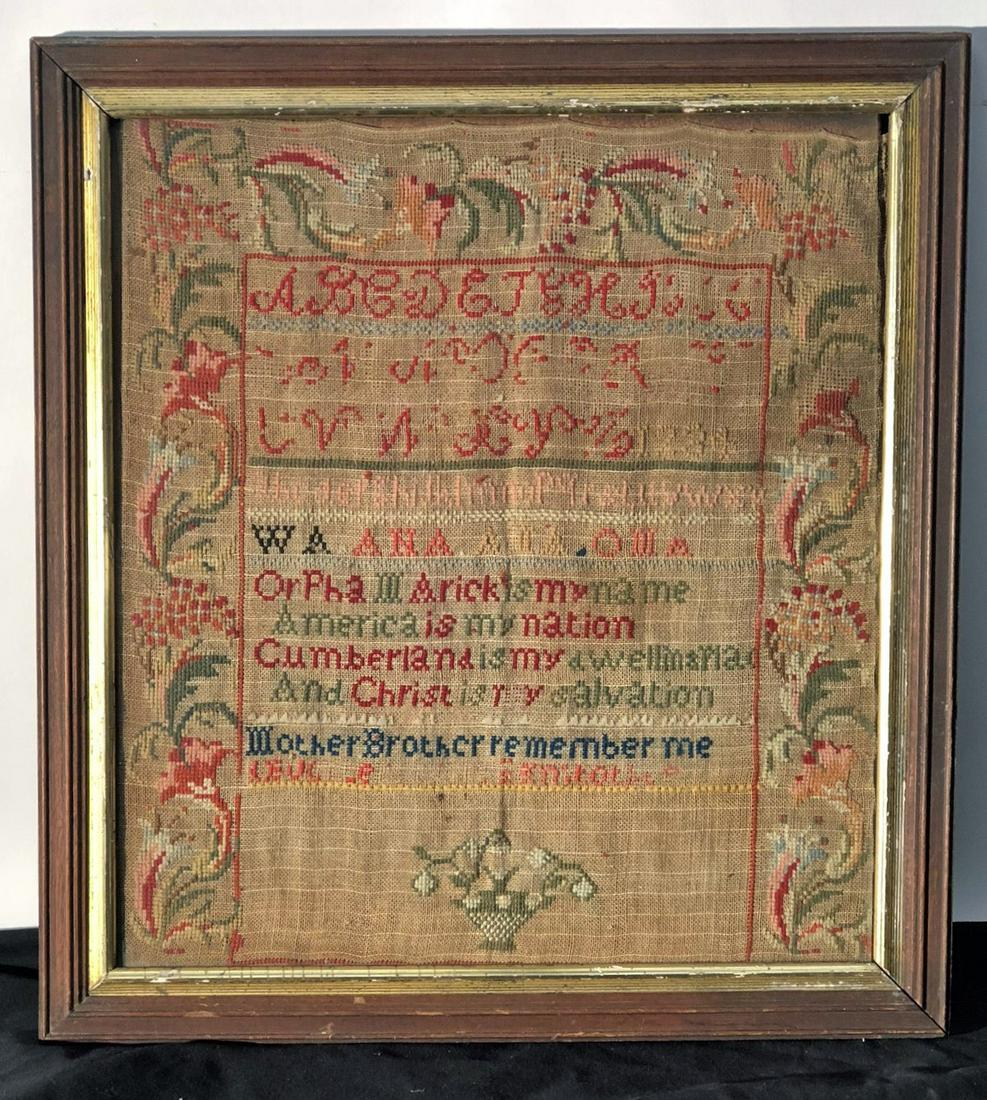 SAMPLER: Alphabet, verse; framed; losses in lettering; 18" x 16", F-G