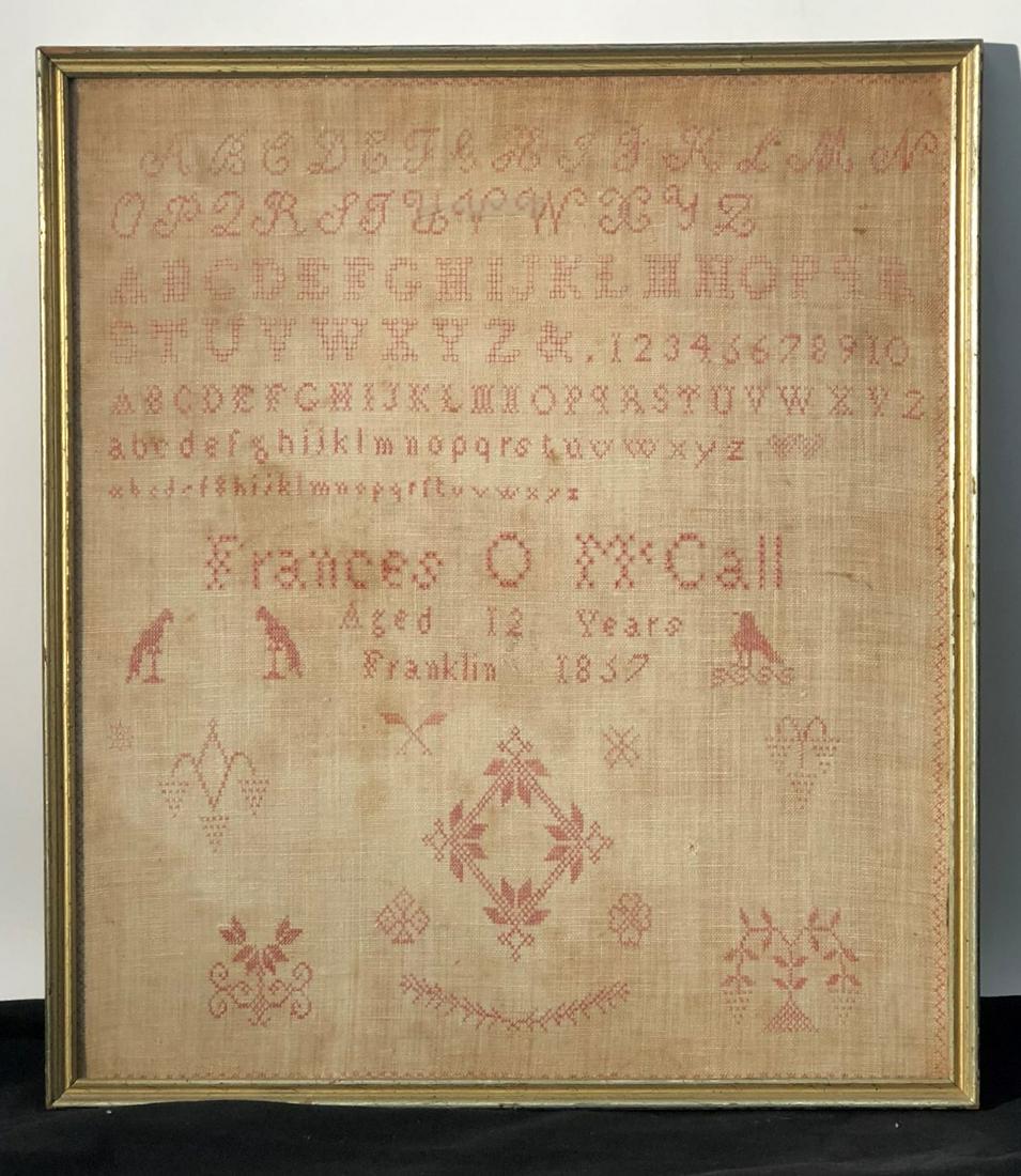 SAMPLER: Alphabet, birds, trees; Frances O. McCall 1857 Franklin; framed; some staining; 17 1/2" x 15", G-G+