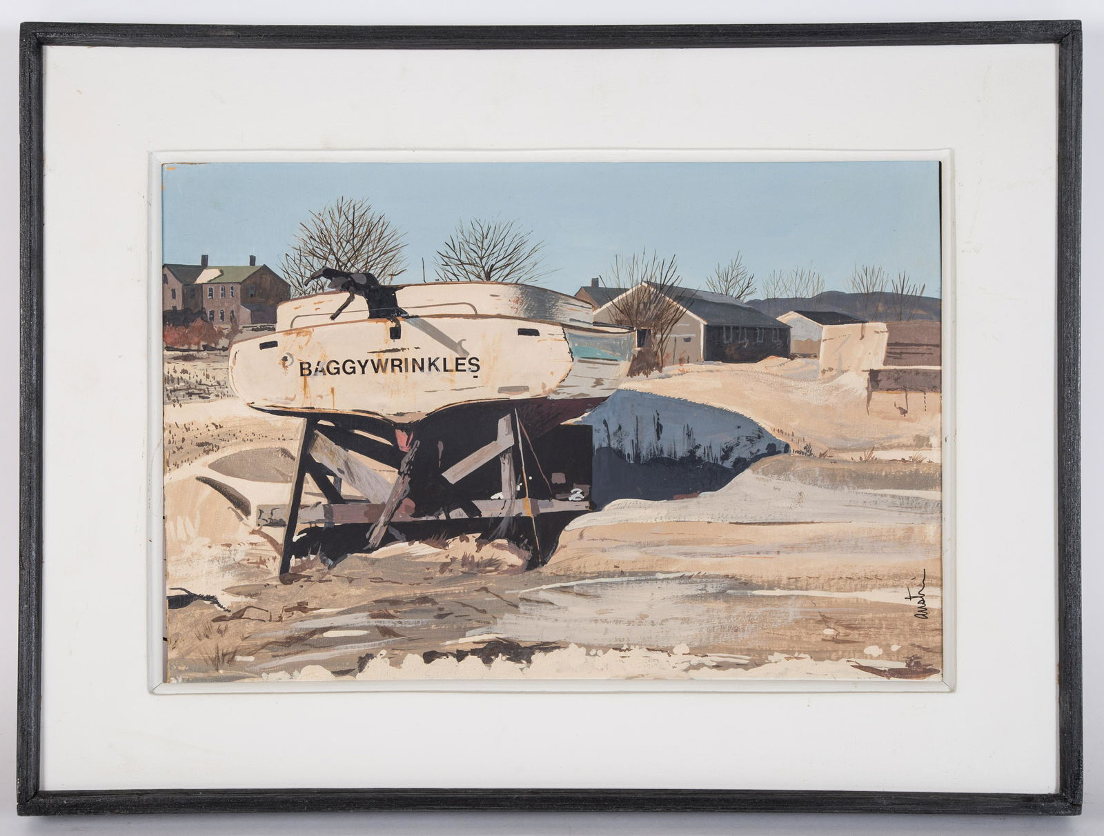 JOHN AUSTIN HARBOR TEMPERA PAINTING: Oil on artist board; "Baggy Wrinkles" Nantucket; signed Austin vertically left right; Main Street Gallery label; matted and framed; 12" x 18", VG-EX