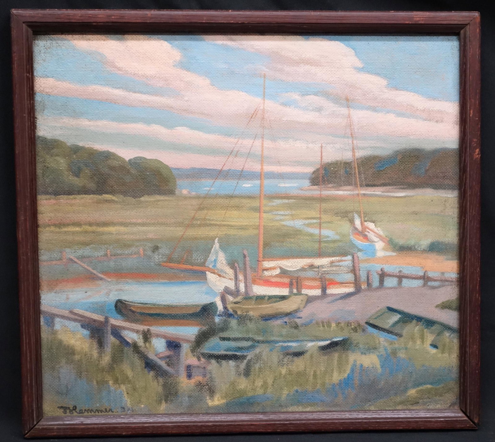 TRYGRVE HAMMER PAINTING: Marsh scene with sailboat; signed lower left “'34”; oil on artist board; image- 15 ½ x L-17”; VG