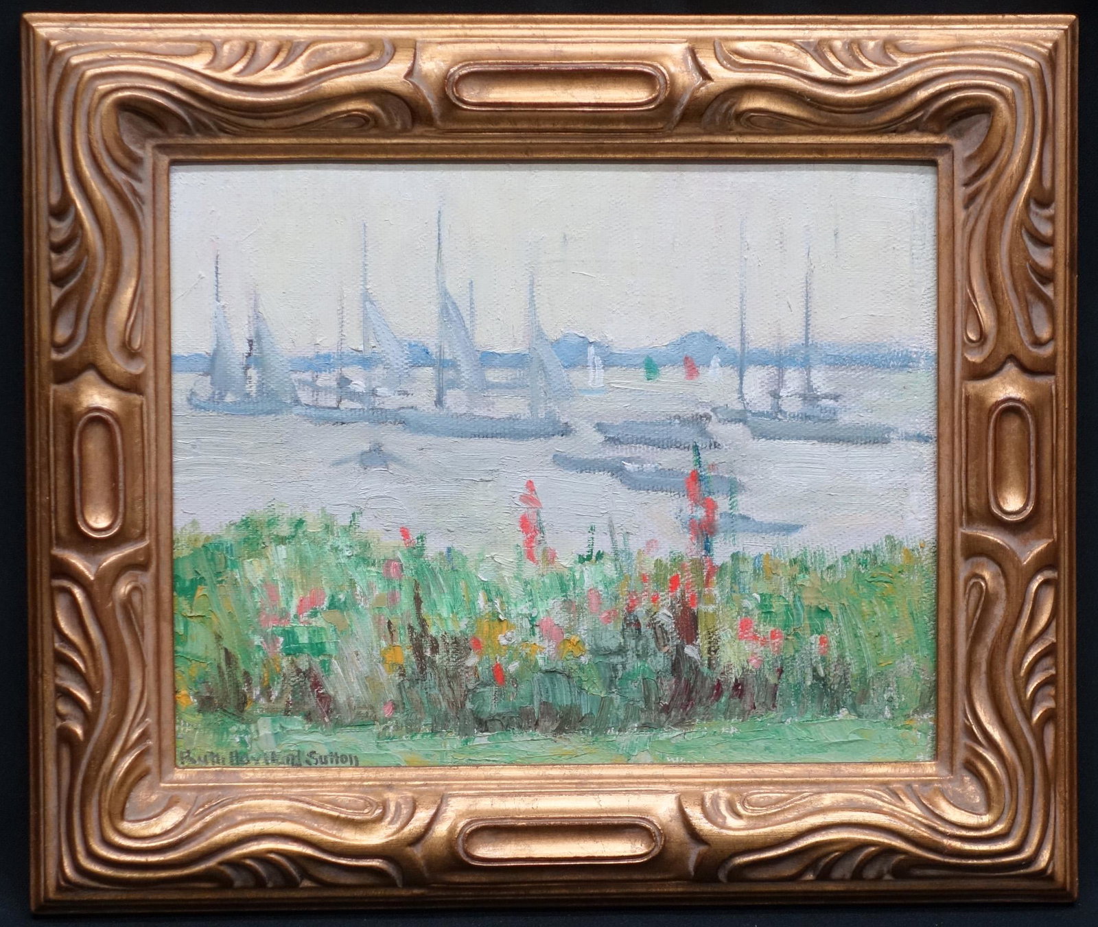 RUTH SUTTON MORING PAINTING: signed Ruth Haviland Sutton lower right; sailboats moring; oil on artist board; framed; image 7 1/2” x 9 1/2”; VG-EX