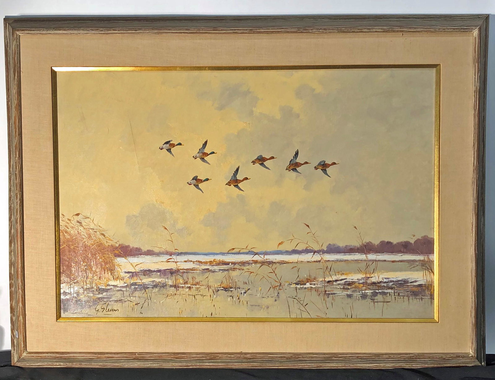 GEORGE STEVENS WILDFOWL PAINTING: Oil on canvas; ducks flying over marsh; signed lower left; framed 24" x 36", G-VG