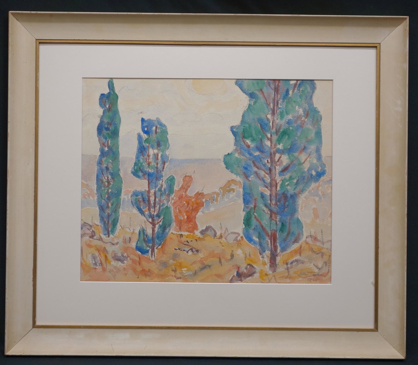ALLEN TUCKER WATERCOLOR LANDSCAPE: Signed lower right; 1925; matted & framed; no glass; image- 14” x 17 1/2”; VG-EX