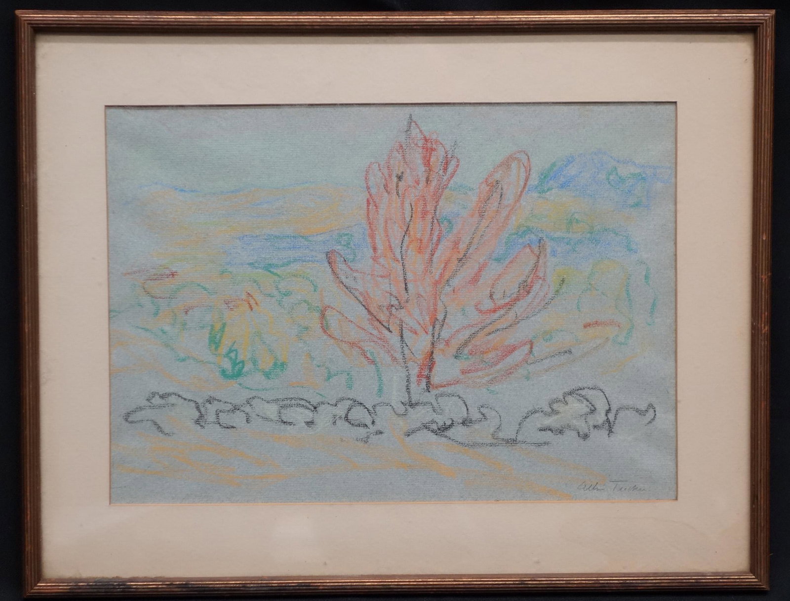ALLEN TUCKER LANDSCAPE PASTEL: NY Gallery label on reverse; pastel on paper; signed in pencil lower right; matted and framed; stains on matte; image- 7 1/2” x 11”; VG
