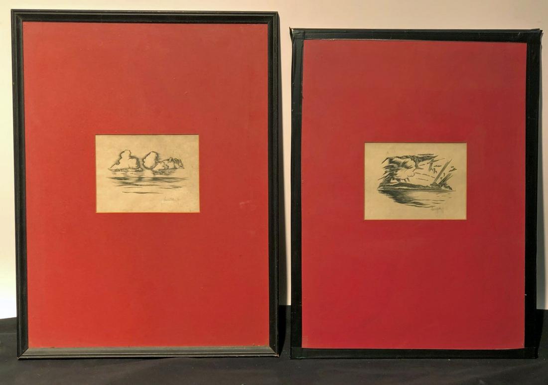 ROBERT GIBBINGS WOOD CUTS (9): All pencil signed; (5) landscapes; (1) has serious foxing; (1) Harbor scene; (1) fish; (1) geese; all toned; image size mostly 4” x 5”; P-VG