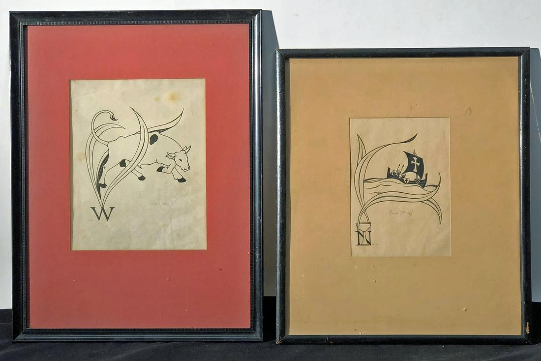 ROBERT GIBBINGS WOOD CUTS (6): (2) alphabet along with various subjects including native women, fruit vendor, cows in corral; some staining and light foxing and toning; largest image- 8 1/2” x 7”; F-VG