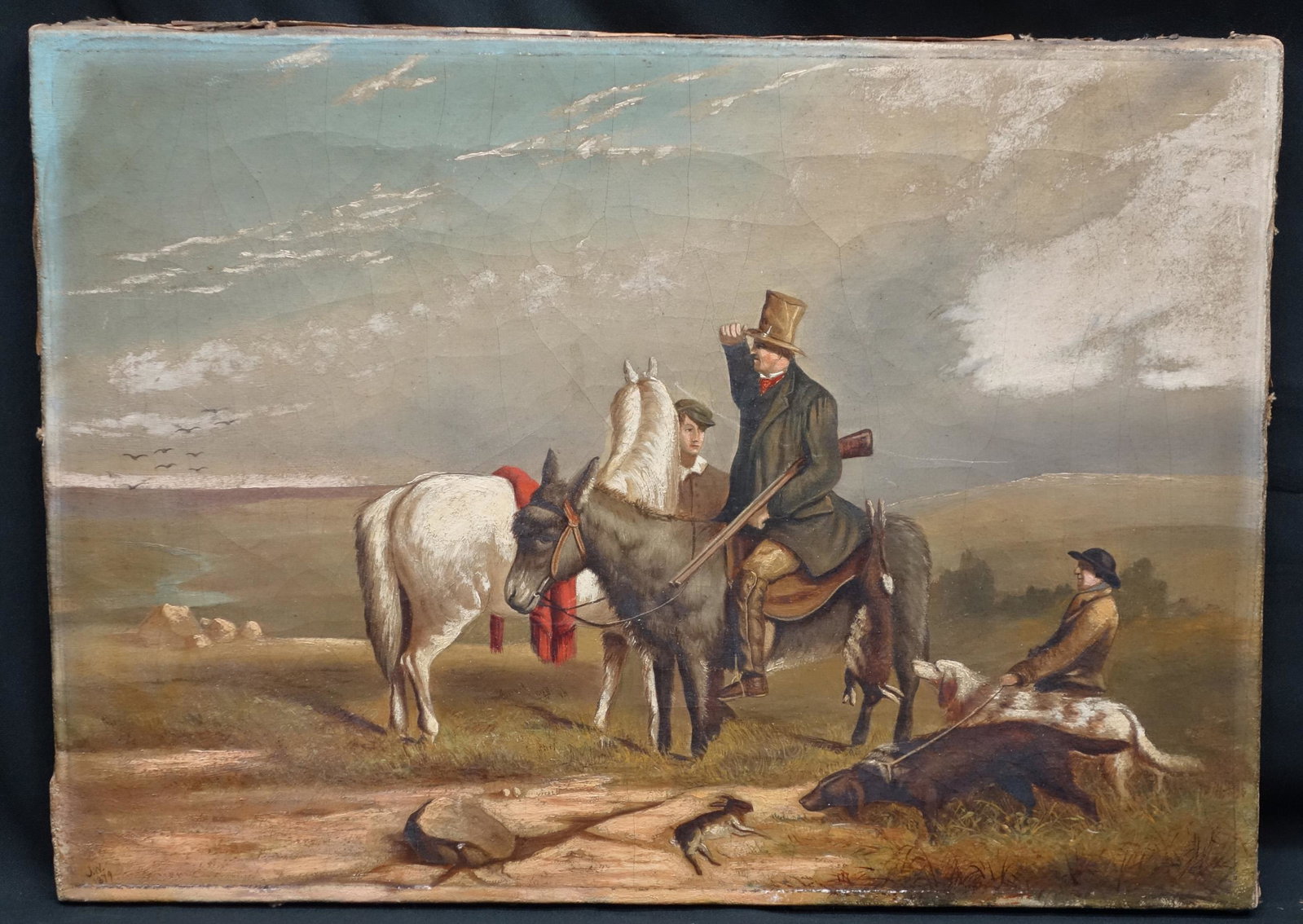 CONTINENTAL RABBIT HUNT PAINTING: Signed “J.W. 1879” lower left; oil on canvas; not framed; minor loss, crackalure; 14” x 19 1/2”; G-G+