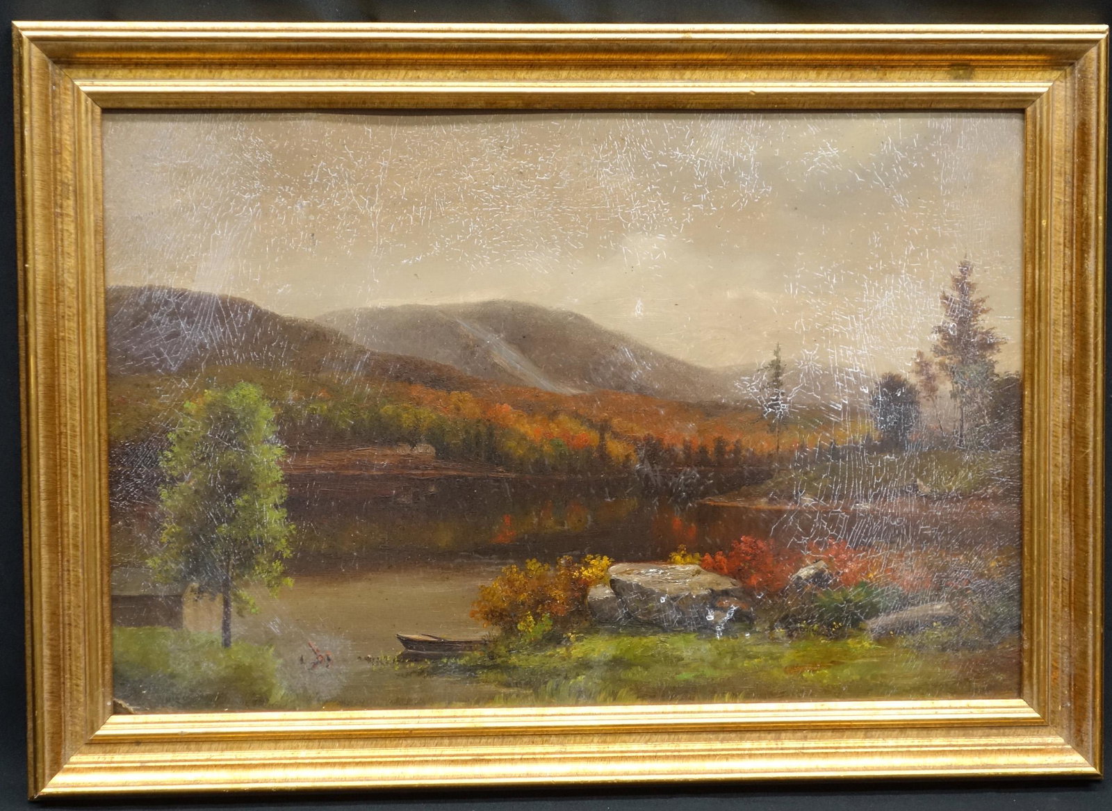 HUDSON RIVER SCHOOL PAINTING: Lake George; framed; oil on board; crackalure with losses; image- 11 1/2” x 17 3/4”; F-G