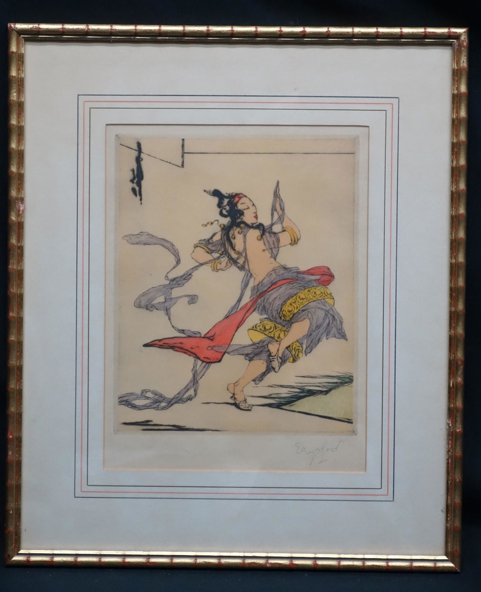 ELYSE LORD DANCER PRINT: Color etching; signed in pencil; matted and framed; 12” x 9”; VG-EX