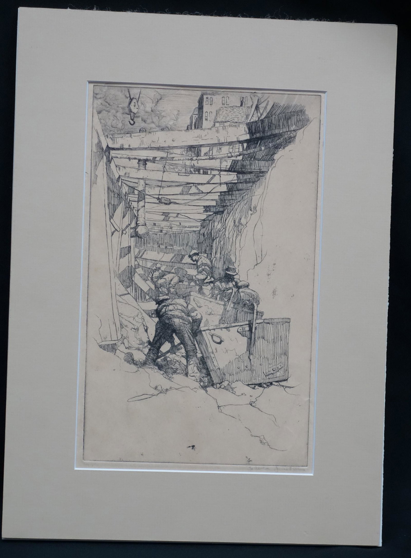JAMES E. ALLEN ETCHING: WPA Era; inscribed and signed in pencil; matted, no frame; mild toning; image- 10 1/2” x 6 1/2”; VX