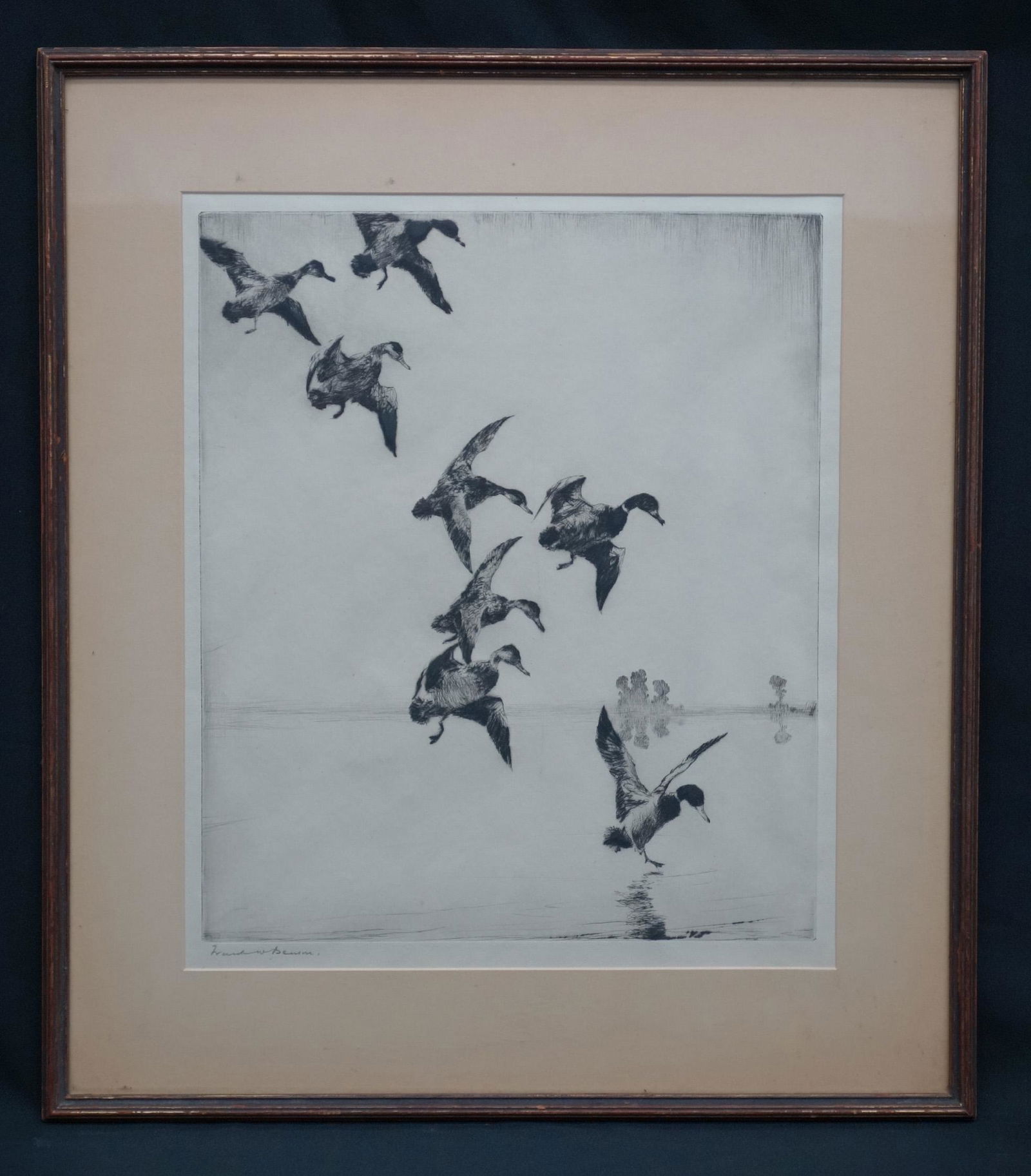 FRANK BENSON ETCHINGS (2): BOTH Â“Mallards At EveningÂ”; artist proofs; edition of 100; matted and framed; slight toning; image- 14 1/2Â” x 12Â”; Images are identical; G-VG