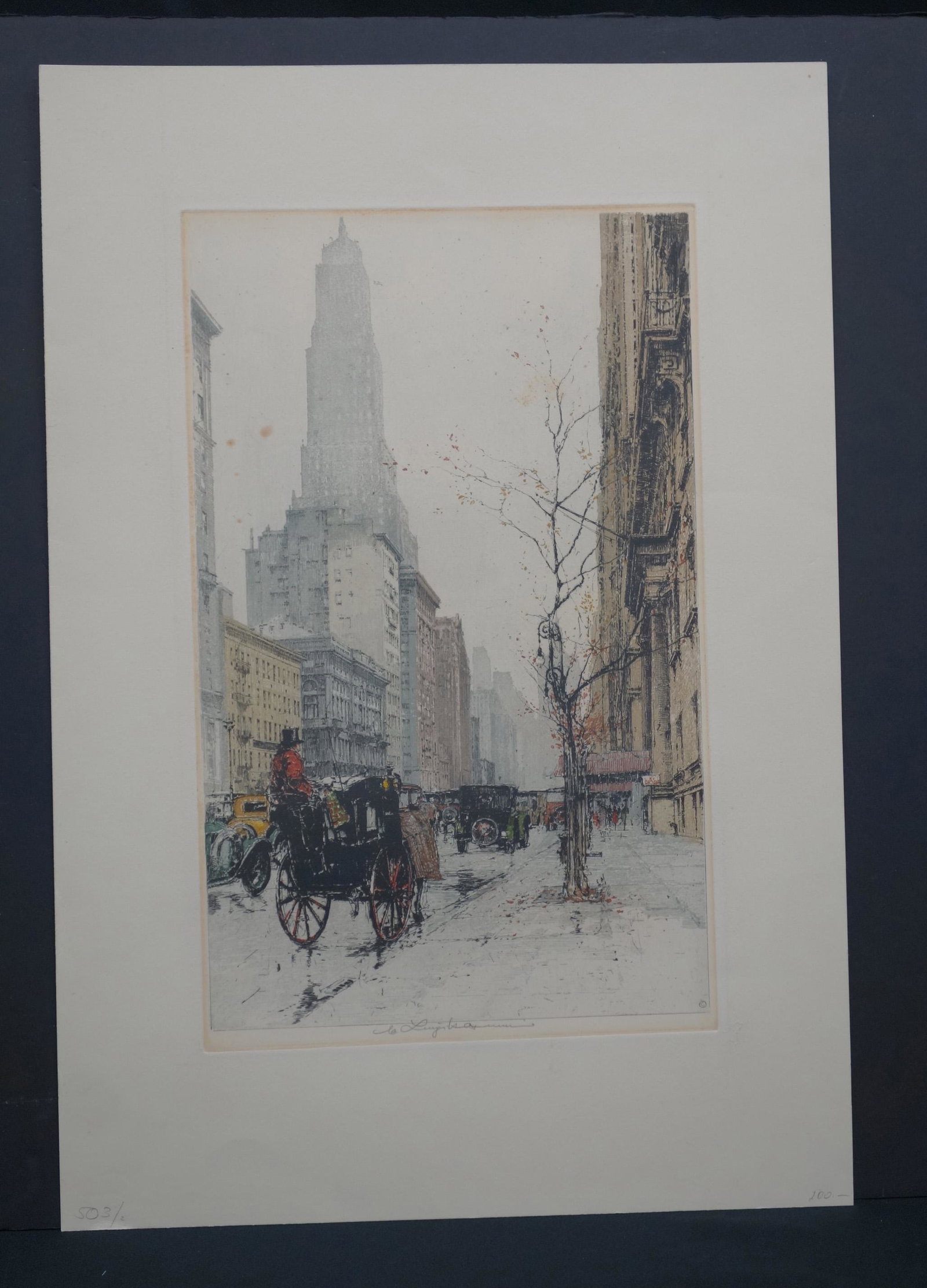 KASIMIR NEW YORK CITY COLOR ETCHING: Luigi Kasimir; NYC 5th Avenue; not framed; some staining; image- 17” x 10 1/2”; VG-EX