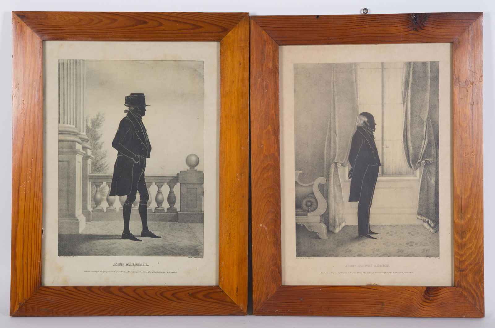 KELLOGG STATESMEN LITHOGRAPHS (5): Silhouette style; Henry Clay, Andrew Jackson, John Randolph, John Marshall, John Quincy Adams; Brown/Kellogg; framed; some toning; 16 1/2” x 12”; G