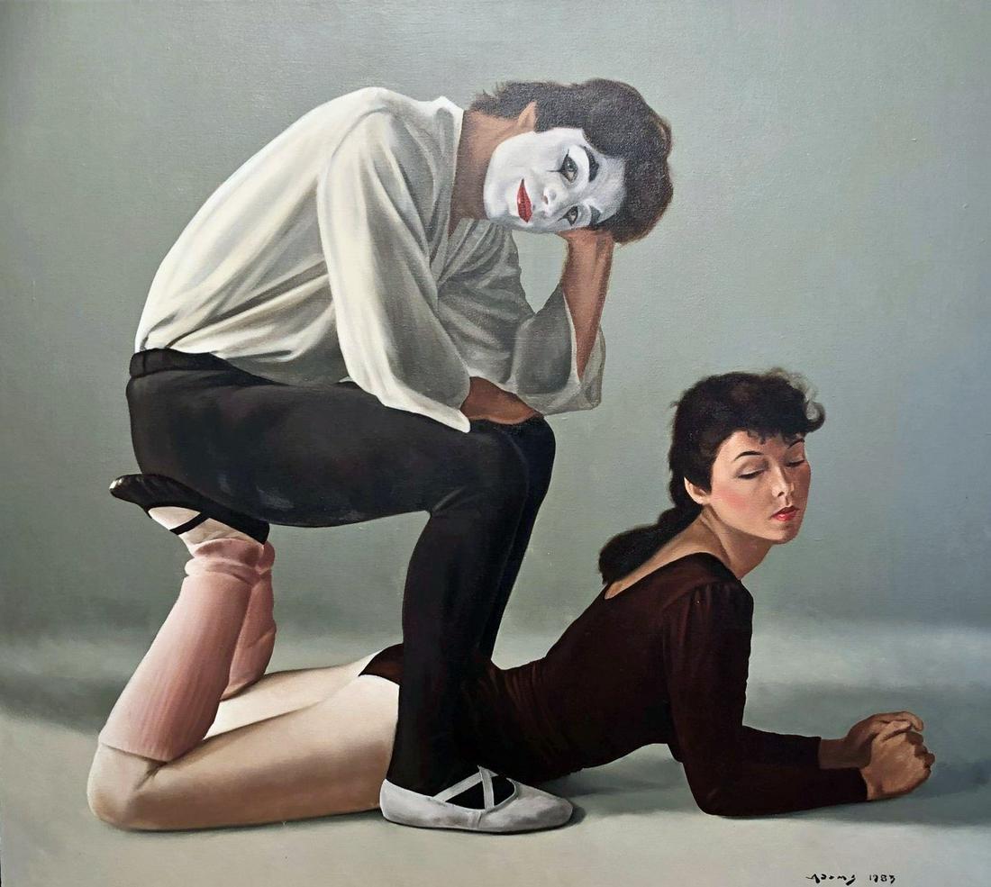 MARK W. ADAMS “MIME PORTRAIT”: “Foot Stool”; large oil on canvas; signed Adams 1983; Jerry Gilden Gallery Program; framed; image- 32” x 36”; VG-EX