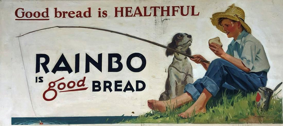 CLARENCE COLE ILLUSTRATOR PAINTING: “Rainbo Bread”; oil on canvas; signed lower right; has tear in boy's face and small tear in center; wear marks; framed; image- 25” x 52”; F-G