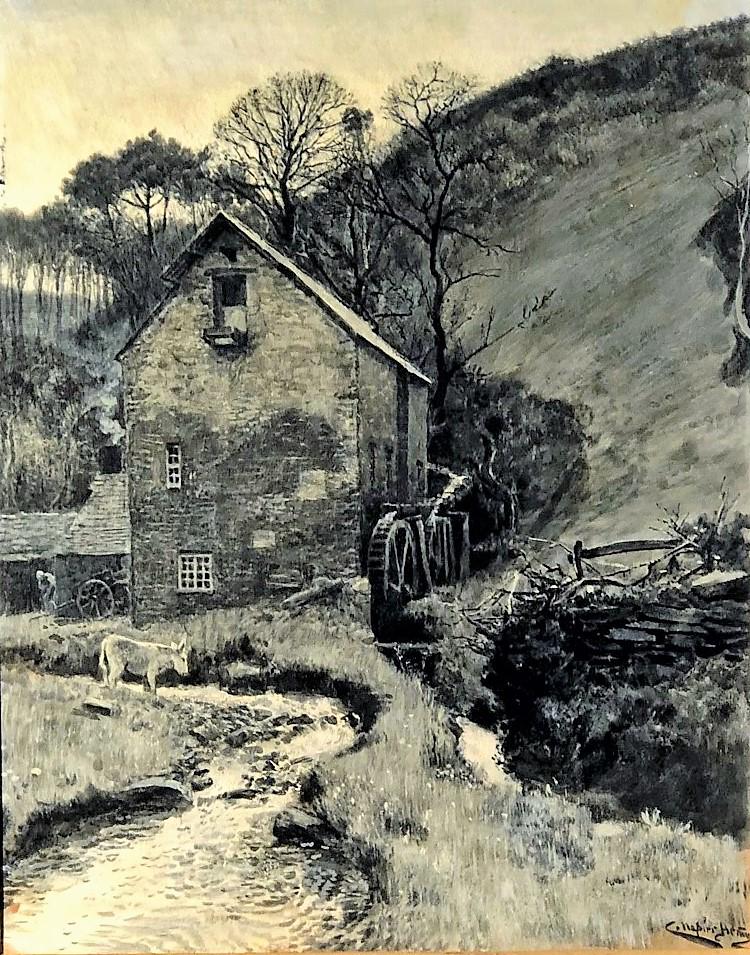 C.N. HENRY MILL PAINTING: Griselle wood Creswick Mill In Valley; oil on board; signed C Napier Henry; identified on back in ink; framed and matted; image- 16” x 12 1/2”; VG-EX