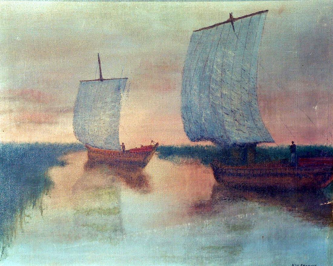 SAILBOATS AT DUSK: Oil on canvas; signed NM Fanning; painting has hole in left sail; framed; F-G