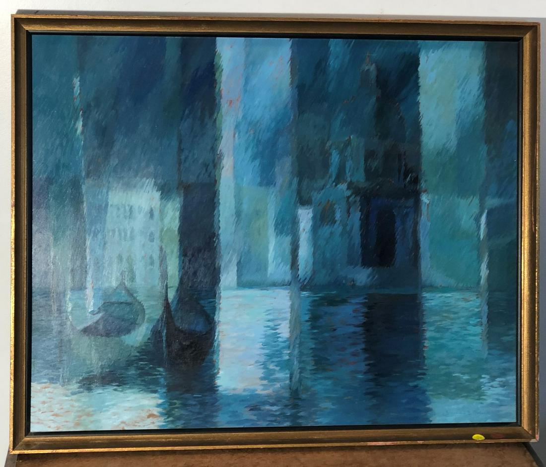 BERNARD B PERLMAN EXPRESSIONIST PAINTING: Possibly Venice at Night; oil on Masonite; signed; framed; image- 24” x 29 1/2” ; VG-EX