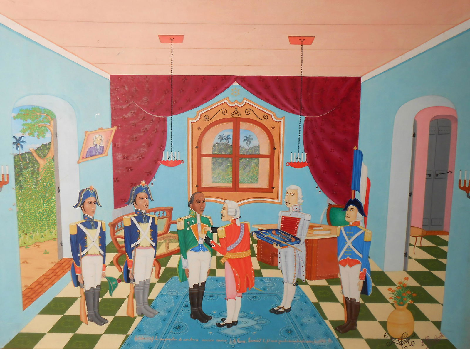 HAITI MILITARY PRESENTATION PAINTING: Text and bottom mentions “Toussaint louverture – leader of Hatian revolution vs France and receiving compensation, sword/pistols; acrylic on artist' board; signed E. Pierre Augustin; framed; image