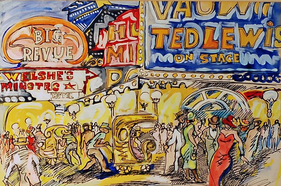 MARTIN KAELIN GOUACHE: “Ted Lewis on Stage”; mixed media; signed Kaelin lower right; framed and matted; image- 15” x 23”; VG-EX