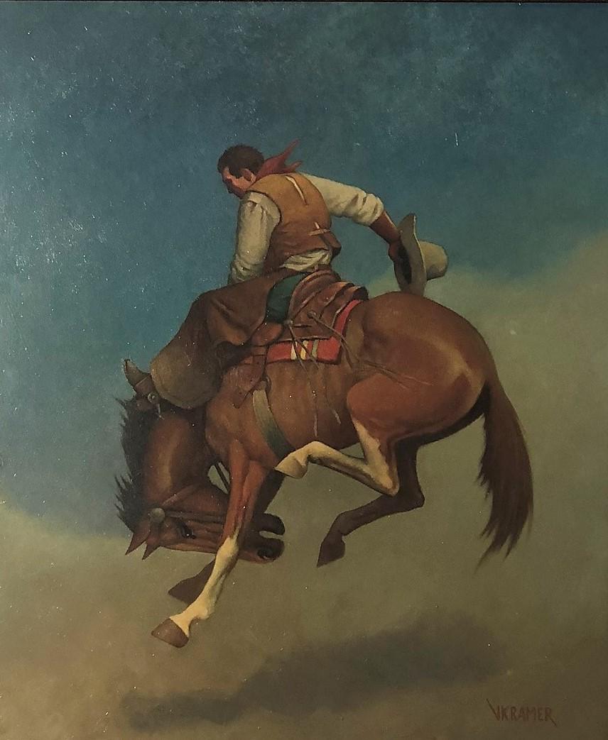 V. KRAMER COWBOY PAINTING: Oil on artist board; signed lower right; framed; image- 23 1/2” x 19 3/4”; VG-EX