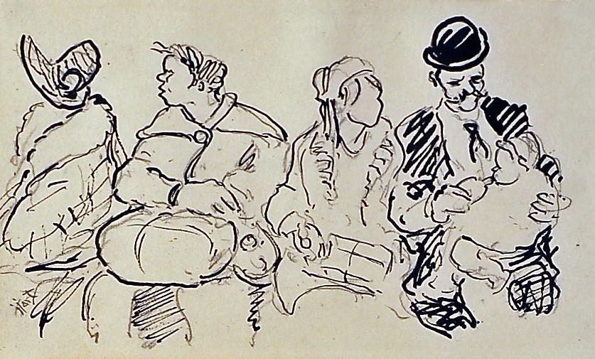 POP HART DRAWINGS (2): (1) “An Affectionate Father”, pencil and ink on paper; signed lower left; framed and matted; (1) “Around the Market”; ink on paper; signed; framed and matted; image- 4 3/4” x 7 1/2”; G-VG