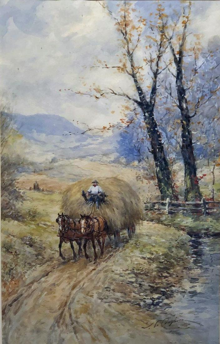JOSEPH C CLAGHORN WATERCOLOR: "The Lower Road"; hay wagon; signed JC Claghorn lower right; framed and matted; image- 23” x 15”; VG-EX