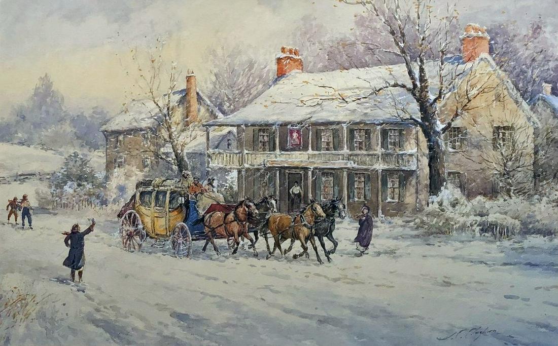 CLAGHORN COACHING WATERCOLOR: “Through the Village”; signed JC Claghorn; framed and matted; image- 21” x 33”; VG-EX