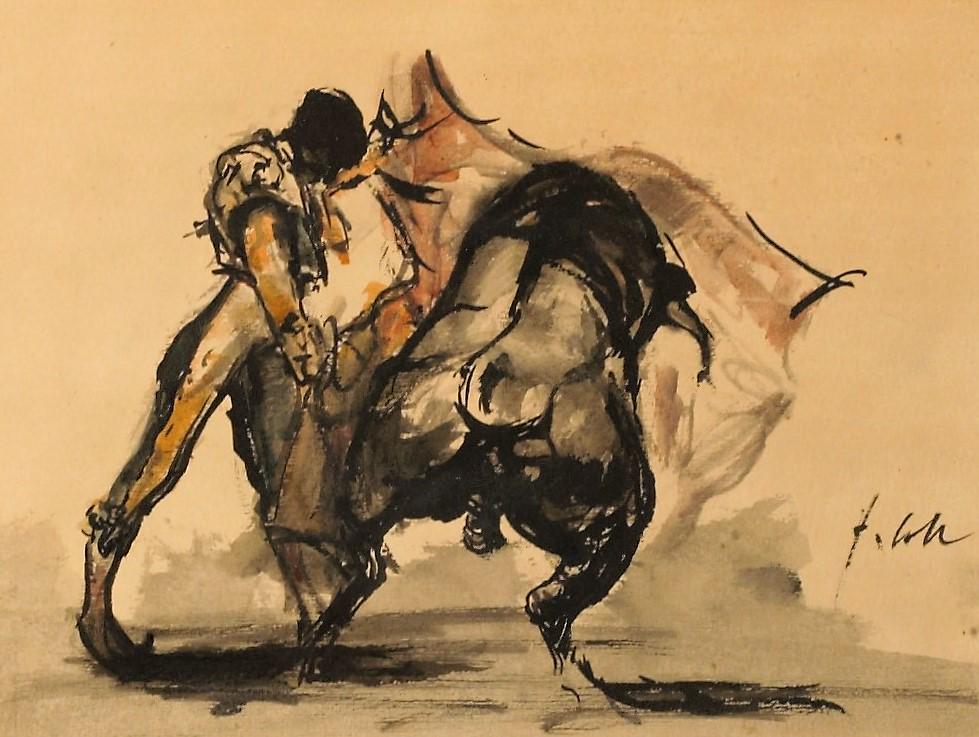 BULLFIGHTER WATERCOLORS (3): All bullfighters identified on labels on reverse; signed illegibly; (1) “A Veronica” Monolo Vasquez Por Veronicas 13-4-52; framed and matted; image- 9” x 11 3/4”; “Rafael Garcia” “Close