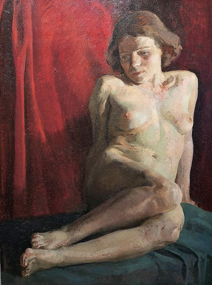 GORDON HANSEN FEMALE NUDE PAINTING: Oil on artist board; signed on back Gordon Hansen 1934; needs cleaning; framed and matted; image- 30” x 23”; G-VG