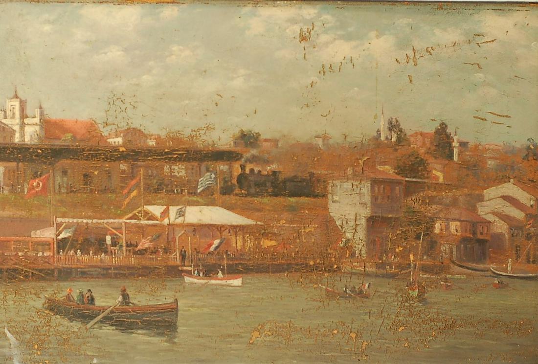 HARBOR FLAG DAY PAINTING: Boats, people, flags, train; oil on board; flaking; framed; image- 15” x 22 3/4”; P-F