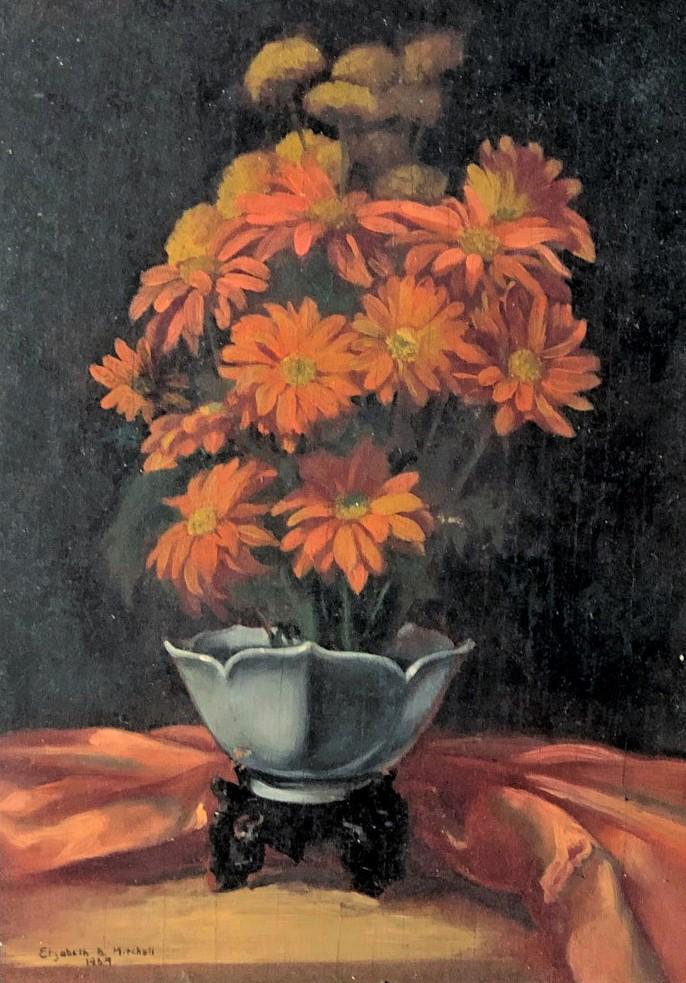 ELIZABETH MITCHELL STILL LIFE PAINTING: Orange flowers in a dish; oil on board; signed; framed and matted; crazing; image- 10 1/2” x 7 ½: F-G