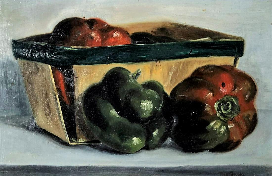 TISH BROOKS STILL LIFE (RED AND GREEN PEPPERS): Oil on board; framed; image- 7” x 11 1/2”; VG-EX