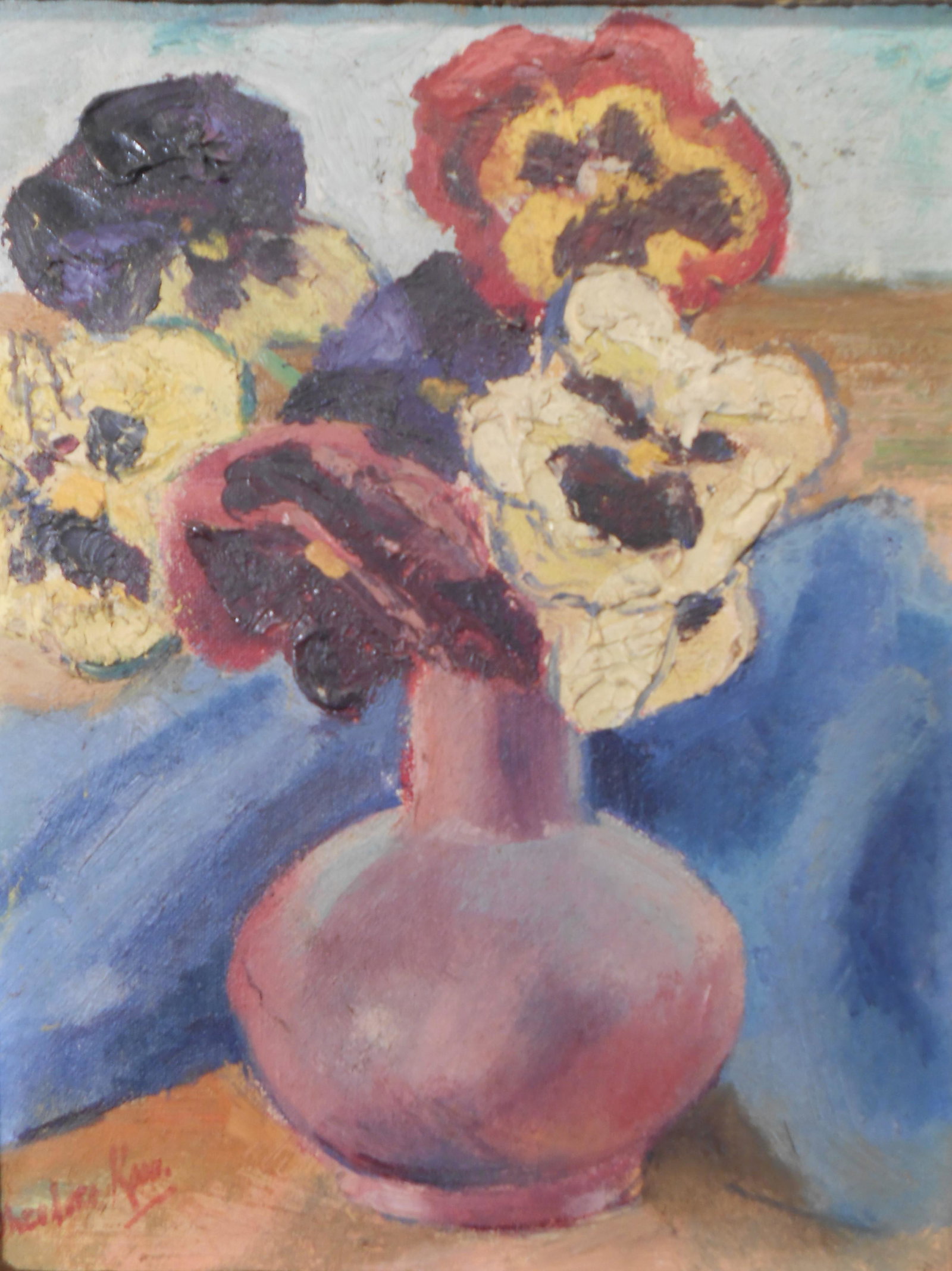 THEODORA KANE STILL LIFE FLOWERS PAINTING: “Purple and Pale Gold”; signed lower left; framed; image; 9 3/4” x 7 3/4”; G-VG