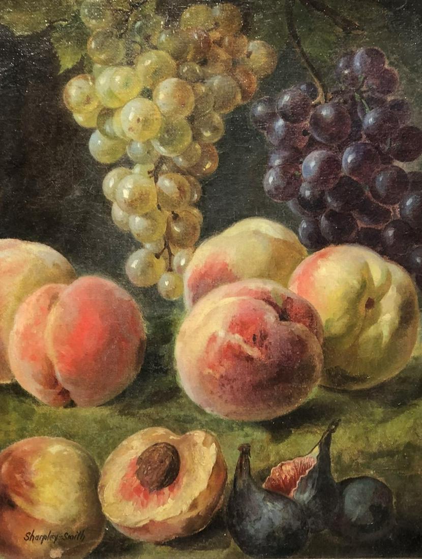 SHARPLEY-SMITH STILL LIFE PAINTING: Peaches and grapes; oil on canvas; signed; framed; image- 13 1/4” x 10 1/4”; G-VG